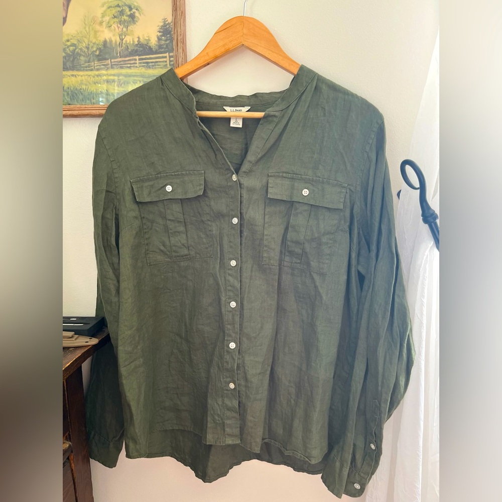 L.L Bean Olive green 100% linen no collar button down Lg